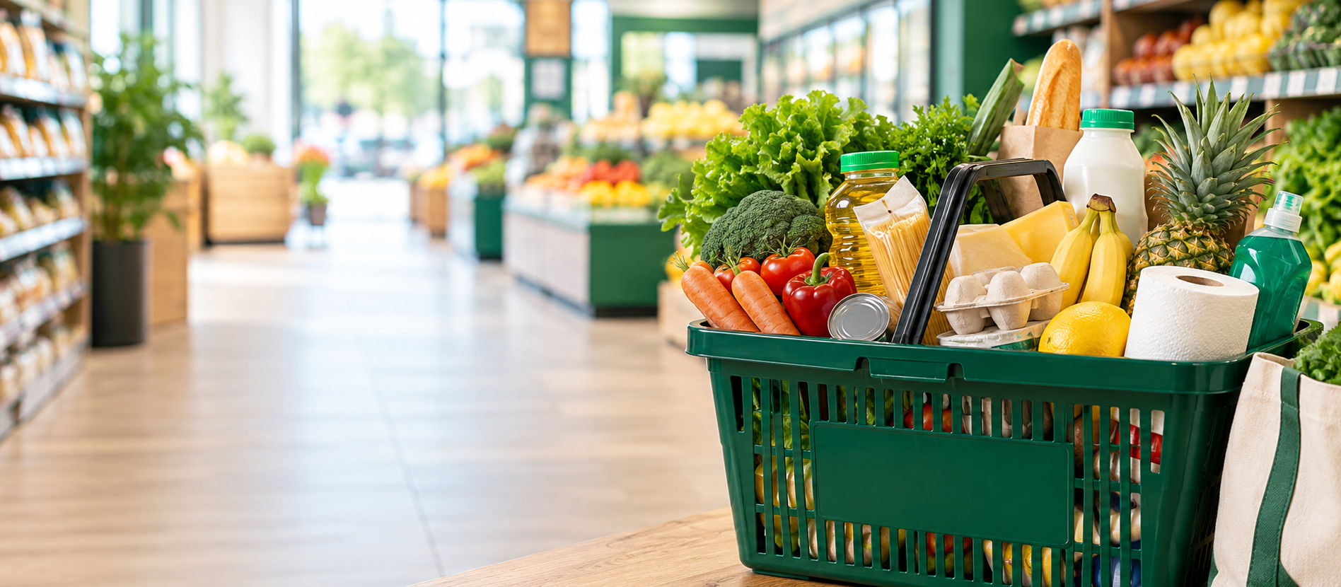 Cesta de compras com alimentos frescos